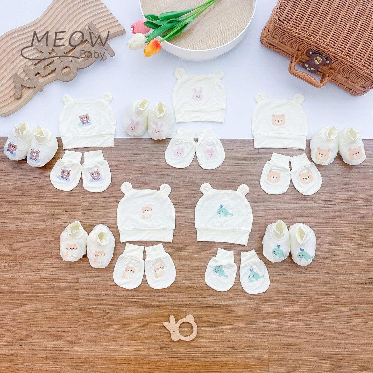 Sét Mũ, Bao Tay, chân vải Peptit Cao Cấp Siêu Mềm Mát cho bé 0-2 tháng Nền Kem HQ - ảnh 8