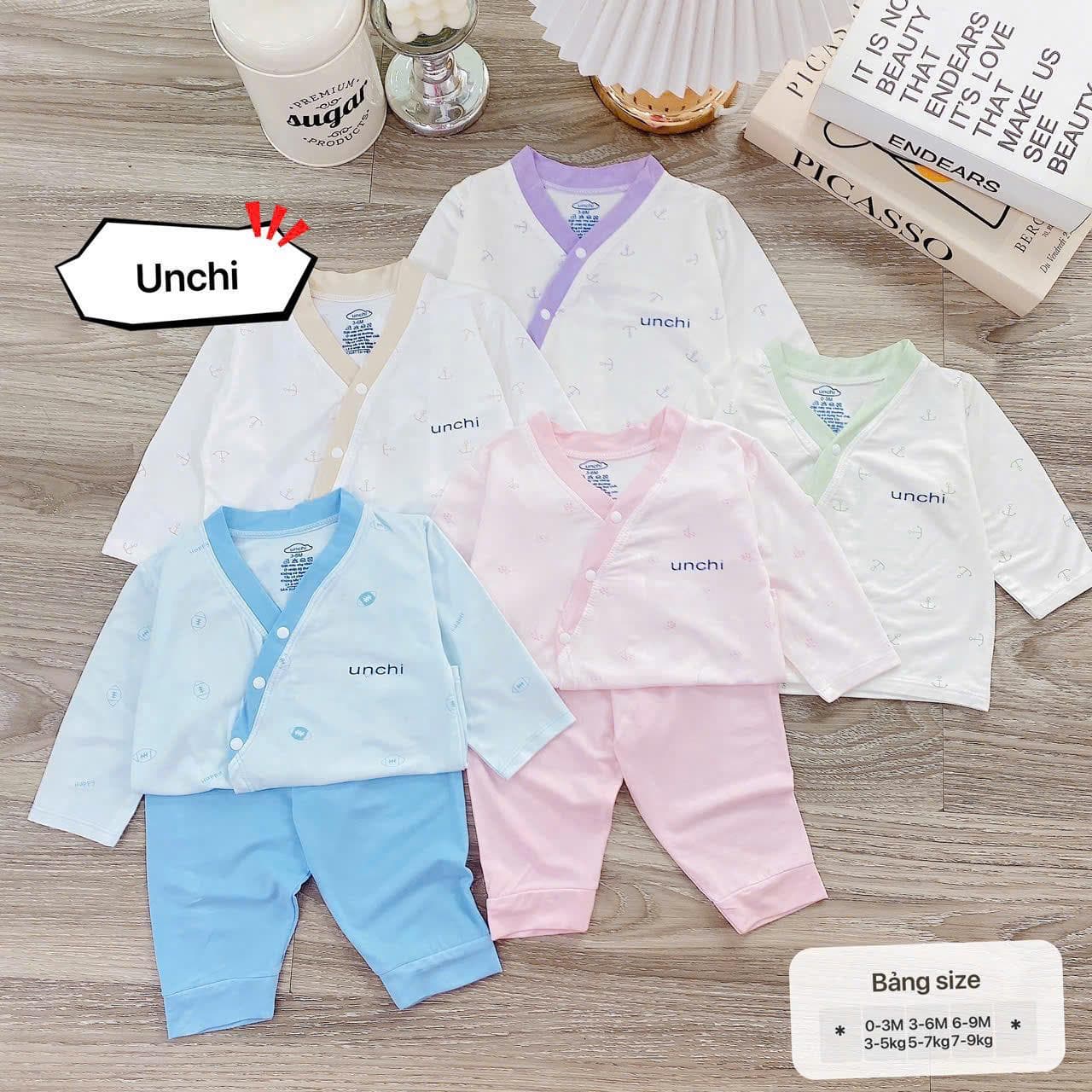 Bộ sơ sinh dài tay Unchi petit bamboo mềm mát trắng họa tiết cho bé sơ sinh