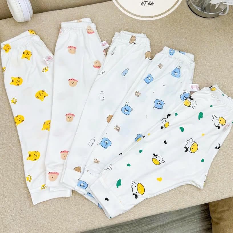 Combo 5 Quần Dài Sơ Sinh Thun Lạnh - Đáp Đũng Đóng Bỉm Thoải Mái, siêu mềm - Trắng Họa Tiết - ảnh 5