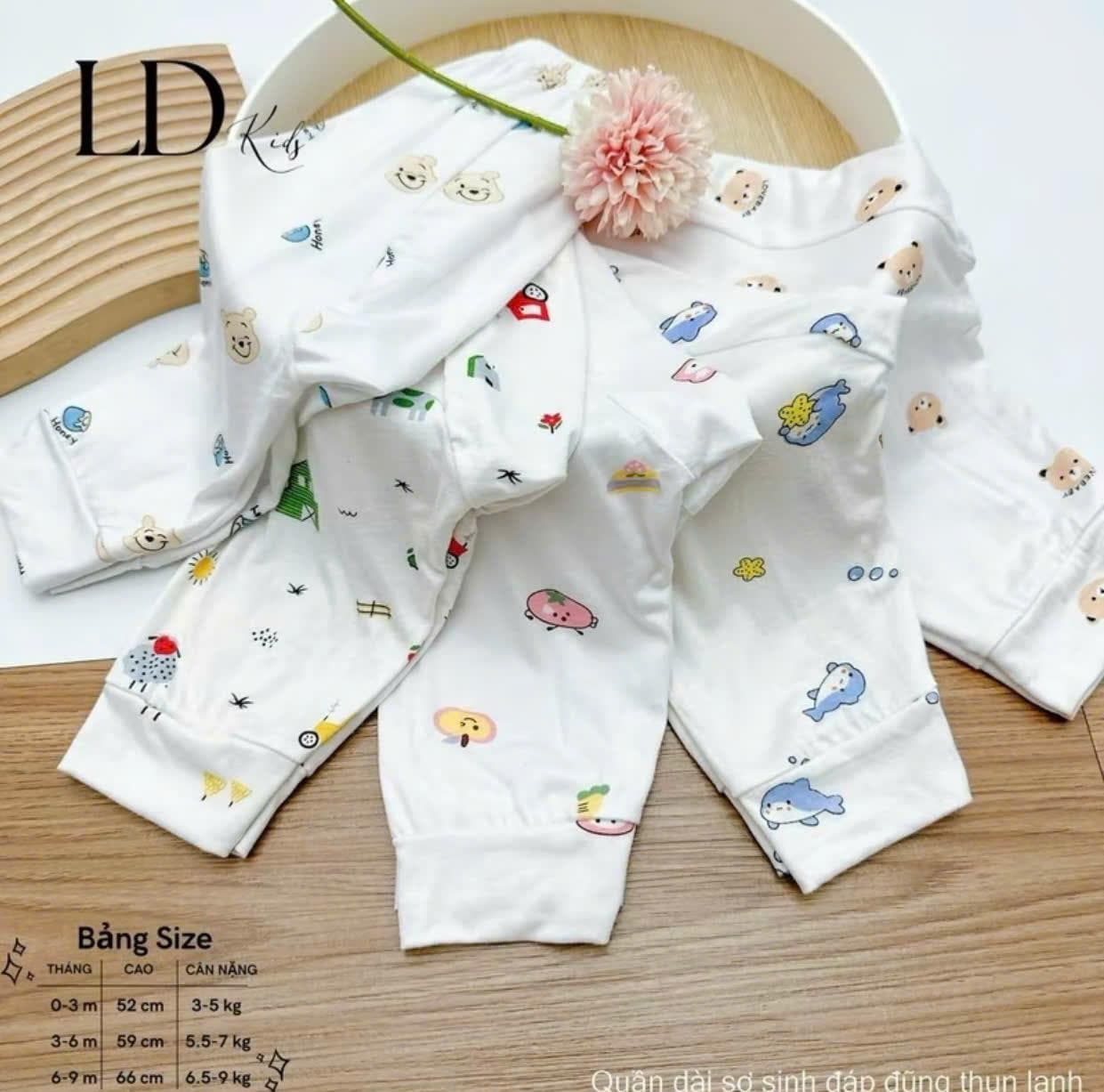 Combo 5 Quần Dài Sơ Sinh Thun Lạnh - Đáp Đũng Đóng Bỉm Thoải Mái, siêu mềm - Trắng Họa Tiết - ảnh 7
