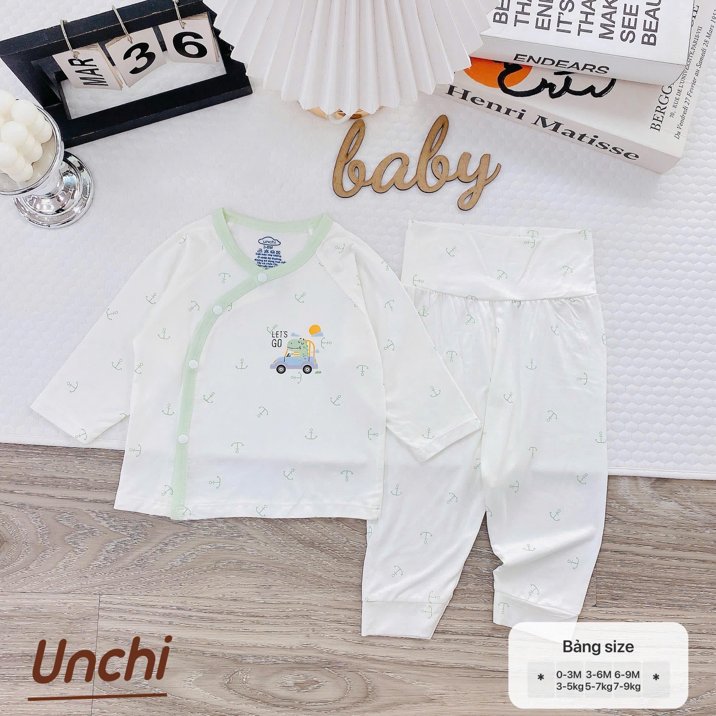 Bộ Quần Áo Dài Tay Pettit Unchi Cạp Cao mềm mịn màng co giãn cho bé sơ sinh 0-9 tháng - ảnh 8