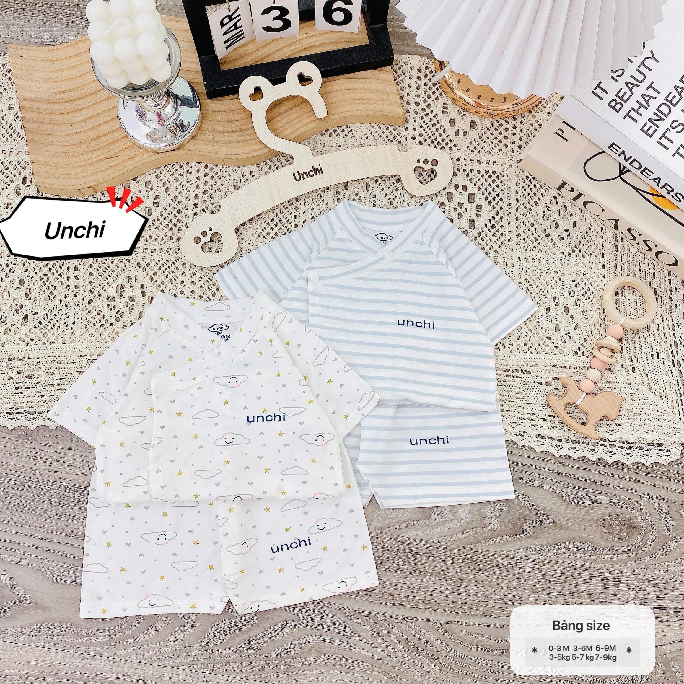 Bộ sơ sinh cộc tay Unchi vạt áo 2 lớp, vải petit mềm mát, họa tiết mây trắng cho bé - ảnh 4