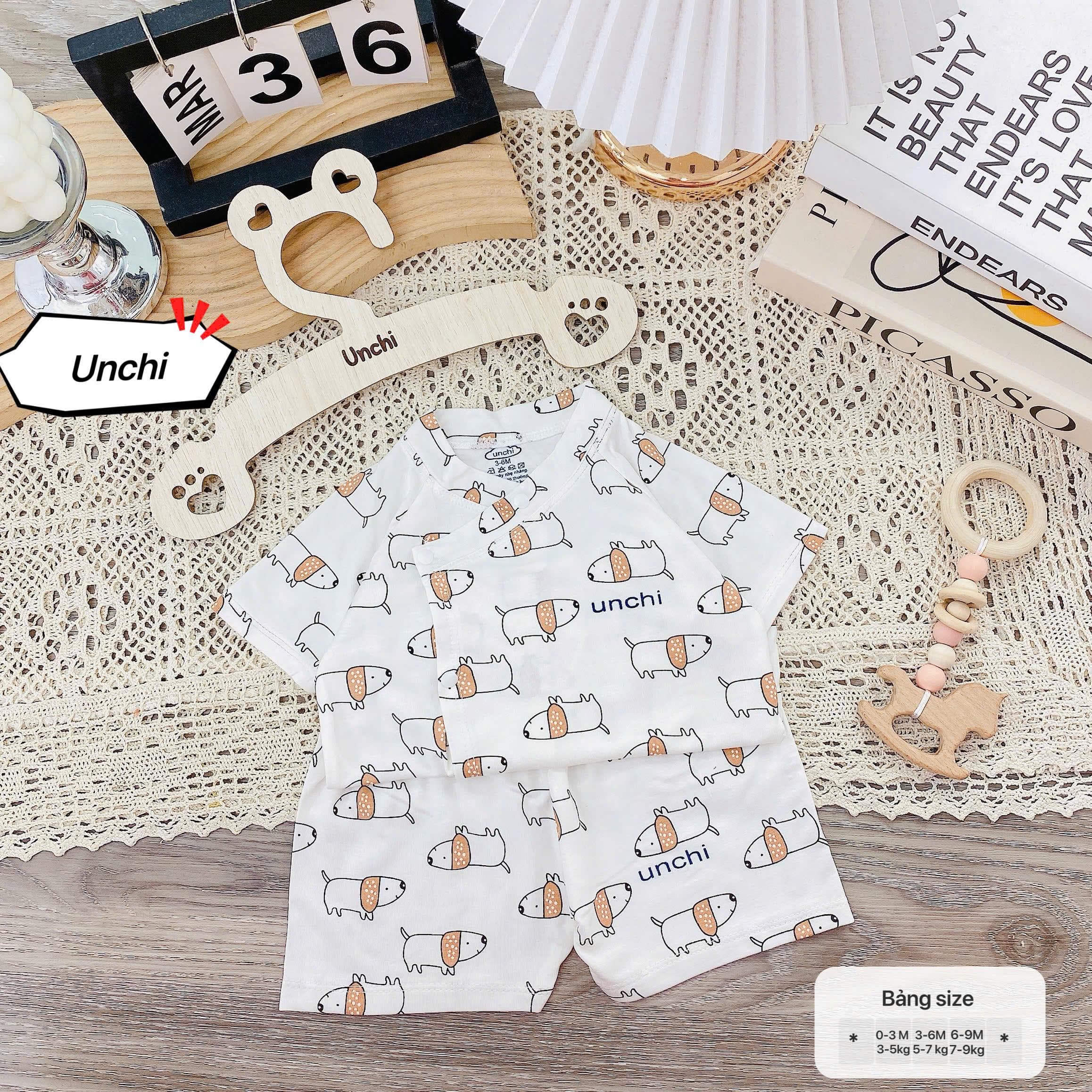 Bộ sơ sinh cộc tay Unchi vạt áo 2 lớp, vải petit mềm mát, họa tiết mây trắng cho bé - ảnh 7