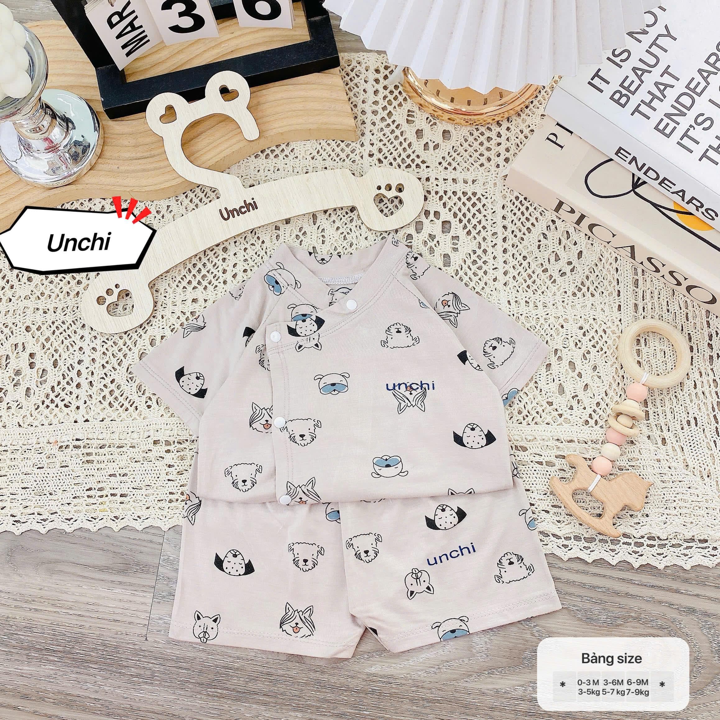 Bộ sơ sinh cộc tay Unchi vạt áo 2 lớp, vải petit mềm mát, họa tiết mây trắng cho bé - ảnh 8