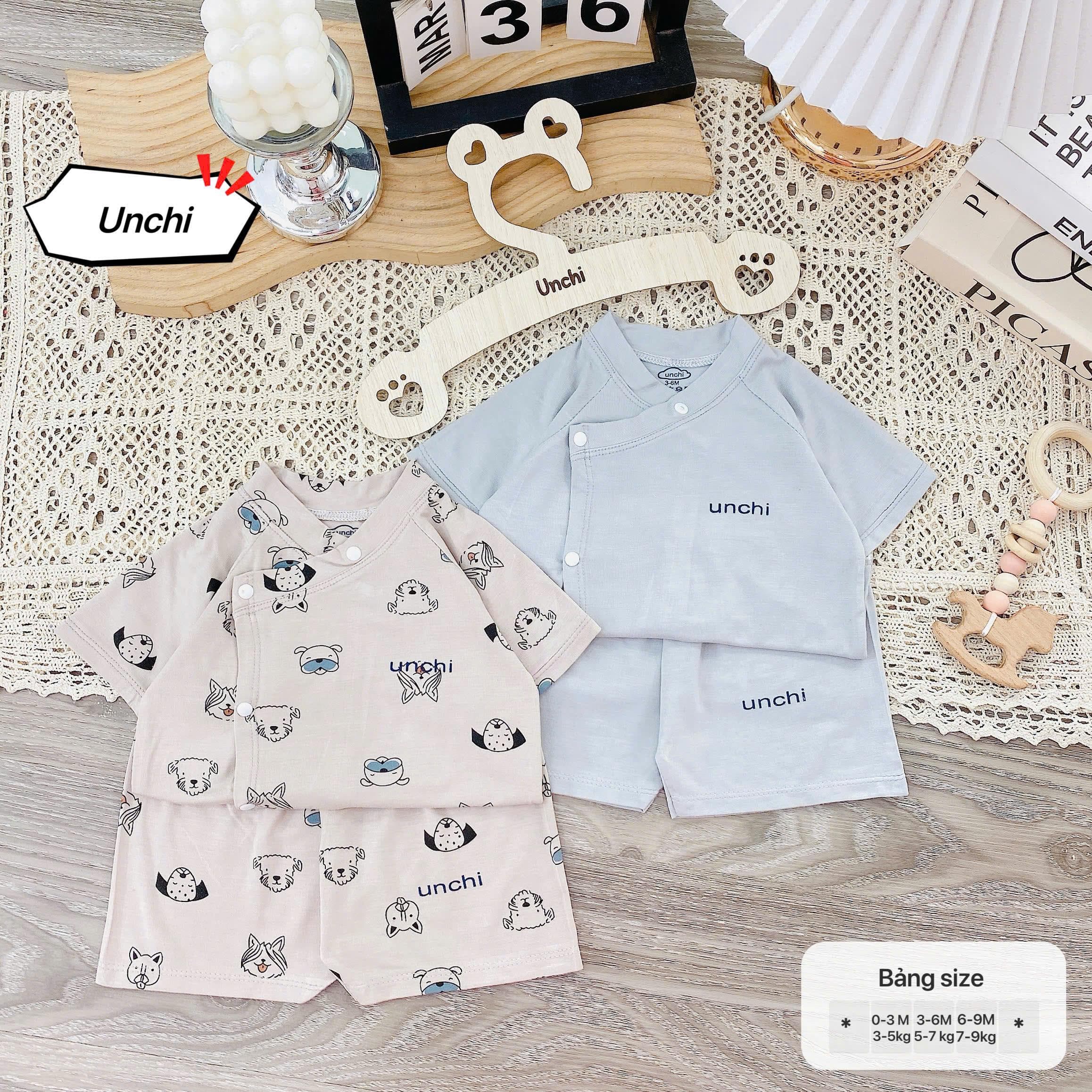 Bộ sơ sinh cộc tay Unchi vạt áo 2 lớp, vải petit mềm mát, họa tiết mây trắng cho bé - ảnh 9