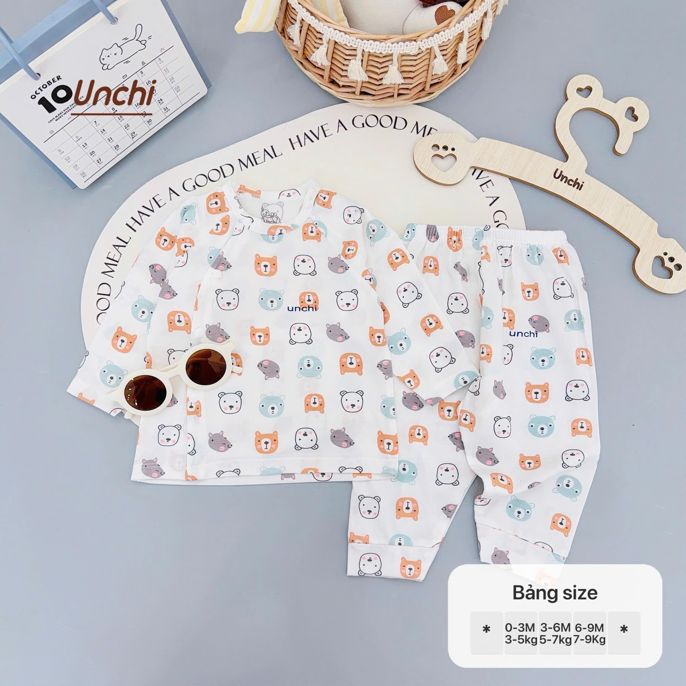 Bộ sơ sinh dài tay Unchi vạt 2 lớp họa tiết xinh vải petit mềm mát cho bé sơ sinh - ảnh 8