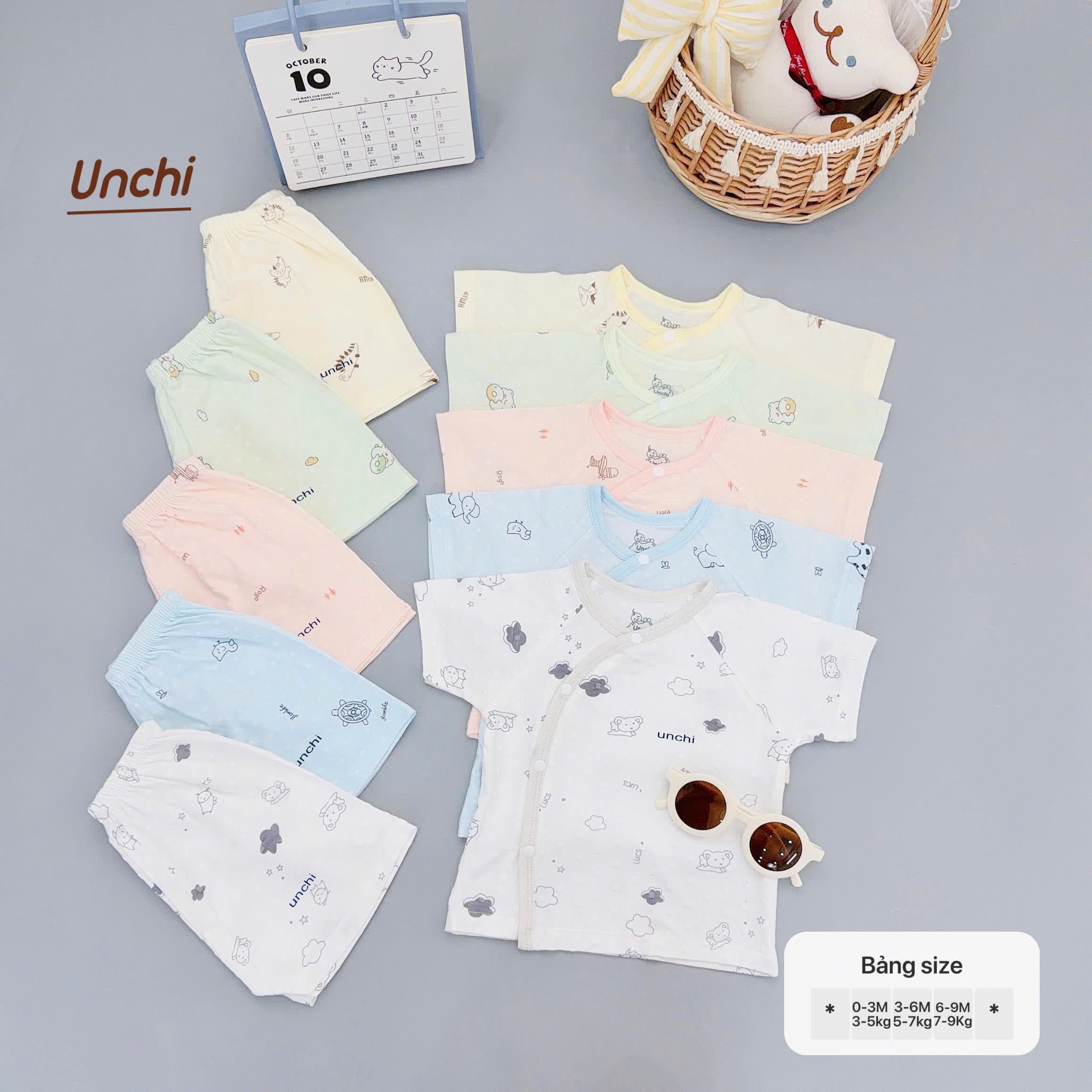 Bộ Cộc Tay Unchi Vân Nổi Hoạ Tiết Xinh, Mềm mỏng thoáng mát