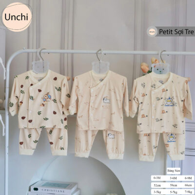 UD6 Bộ Dài tay Unchi nền kem họa tiết xinh chất liệu pettit bambo cho bé 3-9kg - Ảnh 2