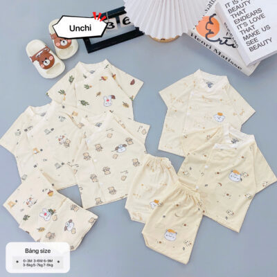 UC7 Bộ Cộc tay Unchi nền kem họa tiết xinh chất liệu pettit bambo cho bé 3-9kg - Ảnh 2