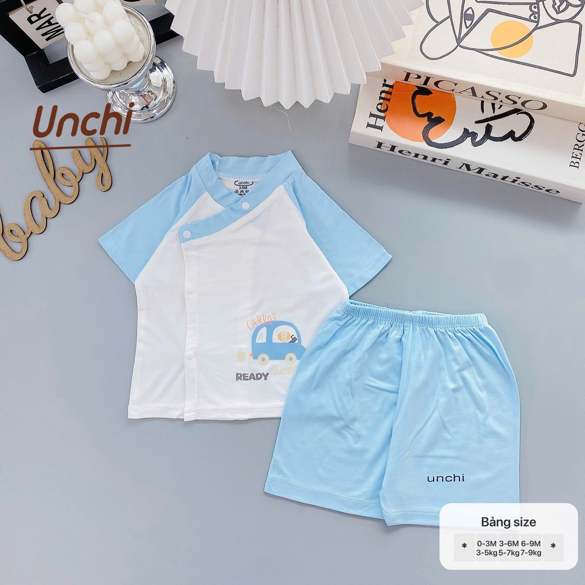 UC6 Bộ Cộc Tay Unchi Phối màu chất liệu pettit bambo cho bé 3-9kg - Ảnh 2