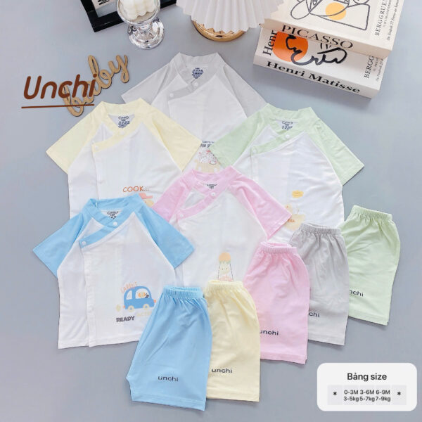 UC6 Bộ Cộc Tay Unchi Phối màu chất liệu pettit bambo cho bé 3-9kg - Ảnh 5