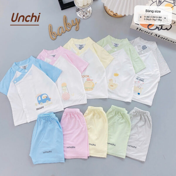 UC6 Bộ Cộc Tay Unchi Phối màu chất liệu pettit bambo cho bé 3-9kg - Ảnh 9