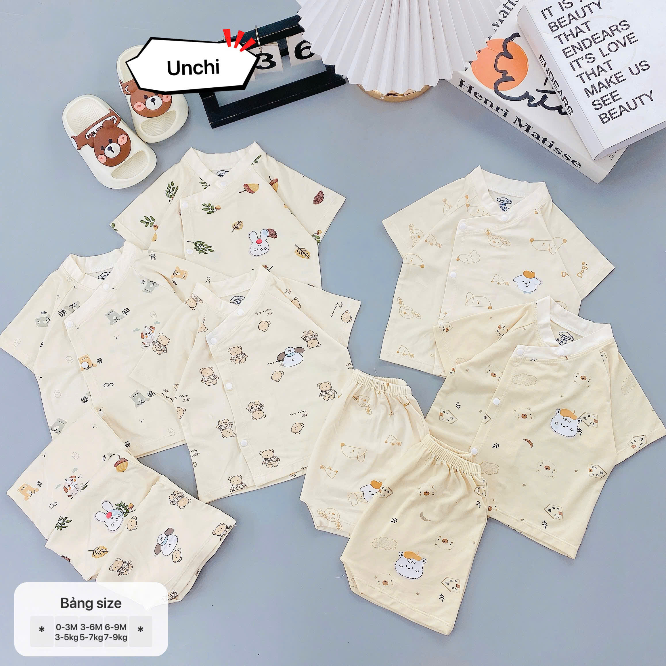 UC7 Bộ Cộc tay Unchi nền kem họa tiết xinh chất liệu pettit bambo cho bé 3-9kg - Ảnh 2