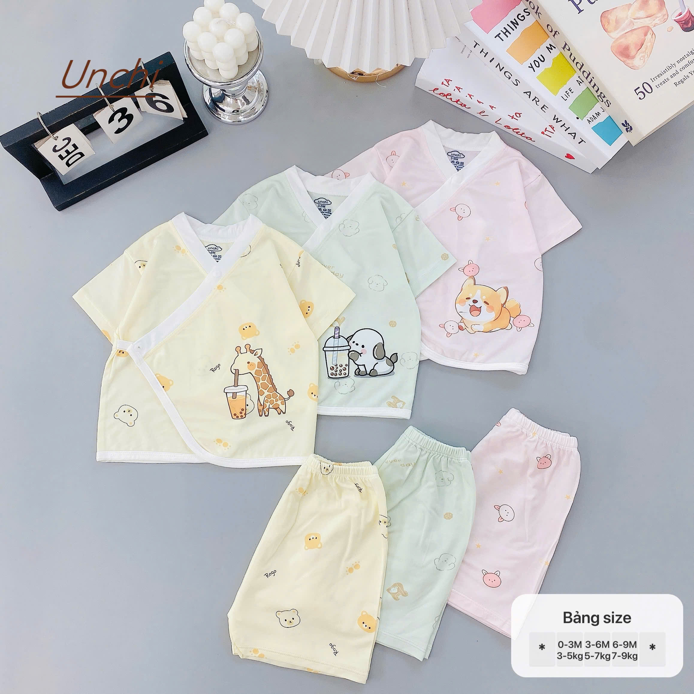 UC8 Bộ Cộc tay Unchi cạp cao dáng kimono cho bé 3-9kg - Ảnh 2